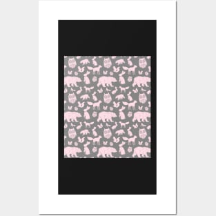 Grey Light Pink Forest Animals Fox Bear Owl Bunny Posters and Art